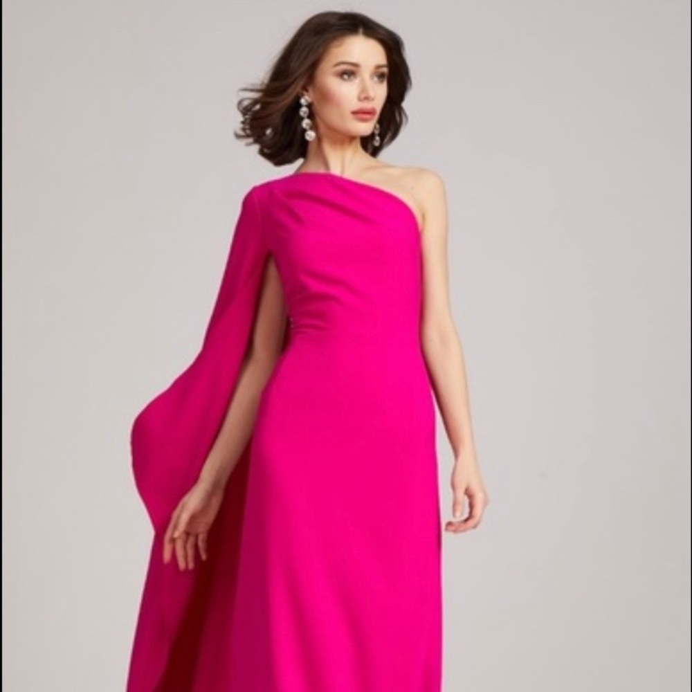 TERI JON STRETCH CREPE CAPE ONE SHOULDER SLEEVE GOWN